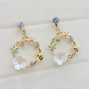 Sweet Honeybee Cherry Blossom Dangle Hoop Earrings, dainty gold tone